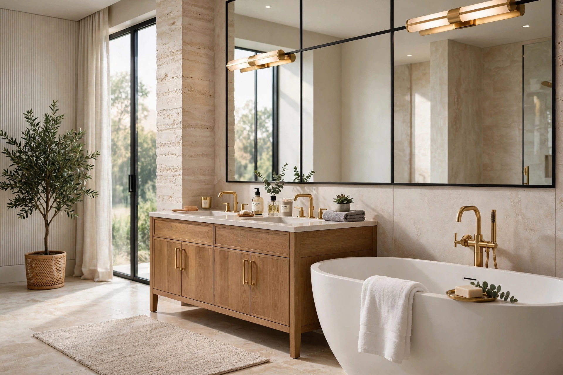 Luxury bathroom with a wood double vanity, brass fixtures, and a freestanding soaking tub